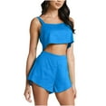 thumbnail image 1 of REORIAFEE 2 Piece Workout Outfits for Women Workout Set 2023 Women's Fashion 2 Piece Outfits Linen Sleeveless Crop Top Shorts High Waist Set Pockets Blue L, 1 of 7