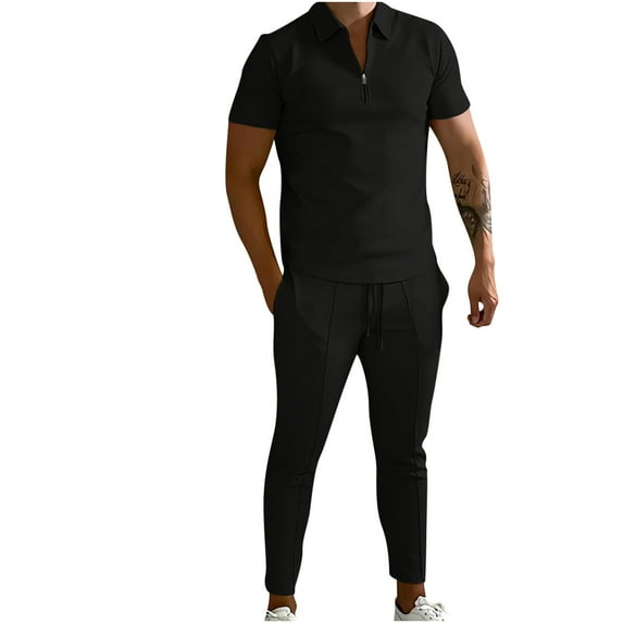 REORIAFEE 2023 Men Sets Outfits for Summer 2 Piece Sports Tracksuit Outfits Vacation Outfits Men Casual Fashion Turn down Pullover Sports Suit Short Sleeve Trousers Two Piece Tracksuit Black M