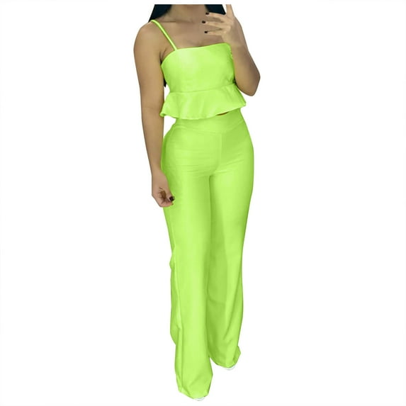REORIAFEE 2023 Women 2 Piece Outfits Boho Casual Vintage Loose Fit Summer Vacation Sets Summer Outfit Fashion Women Summer Square Neck Casual Sleeveless Top + Pant Set Green L