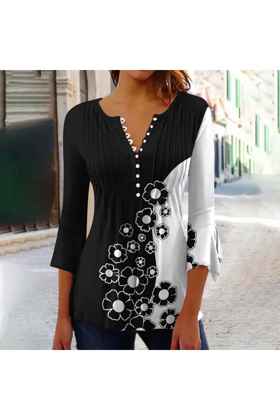 3/4 Length Sleeve Womens Tops with Buttons Pleated Tunics Floral Printed V Neck Blouse Basics Casual Shirt Fashion Loose Pullover Clothes Multicolor L