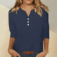 thumbnail image 1 of REORIAFEE 3/4 Length Sleeve Womens Tops with Button Cotton And Linen Solid Tops V Neck Casual Trendy Blouses Fashion Basic Comfy Tees Navy XXL, 1 of 9