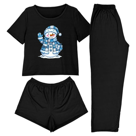 REORIAFEE 3 Piece Lounge Set for Women Short Sleeve Christmas Pajama Top and Shorts Santa Graphic Soft Sleepwear Black XS-2XL