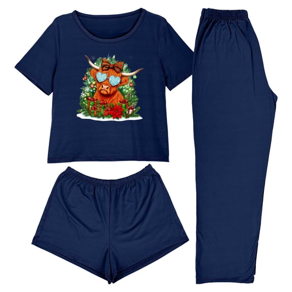 REORIAFEE 3 Piece Lounge Set for Women Short Sleeve Christmas Pajama Top and Shorts Santa Graphic Soft Sleepwear Navy XS-2XL
