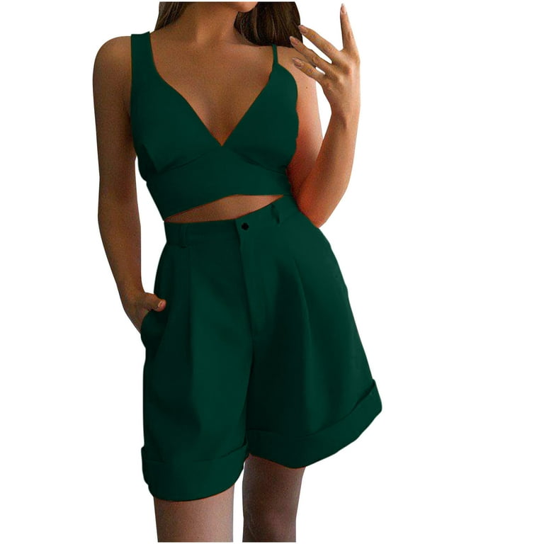 REORIAFEE 50s Outfits for Women Gym Set Women's Summer Suit Tops Shorts  Fashion Casual Two Piece Sets Green M 