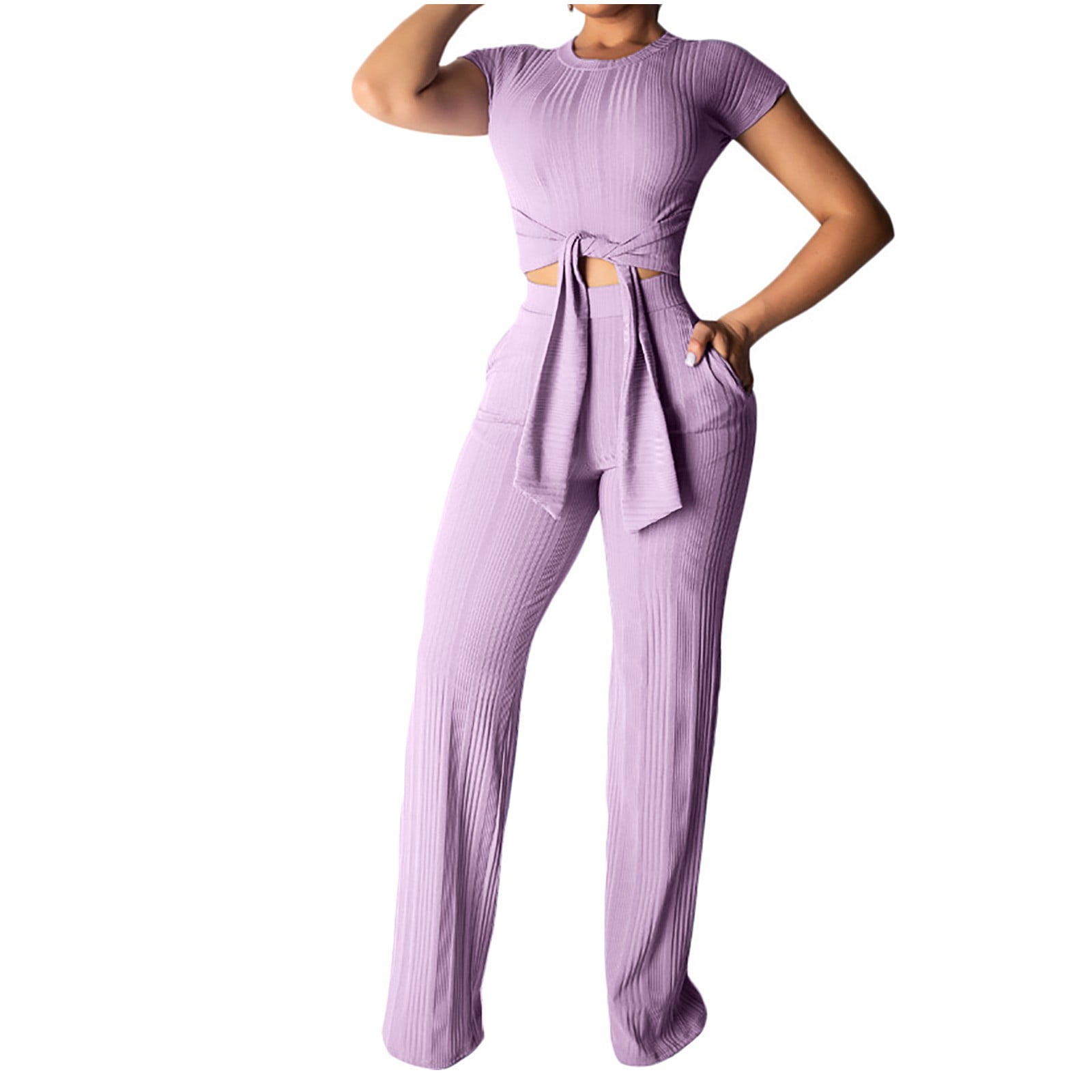 REORIAFEE 60s Outfits for Women Beach Outfits Women's Fashion Stripe Casual  Sports Tie Short Sleeve Pants Set Purple XL 