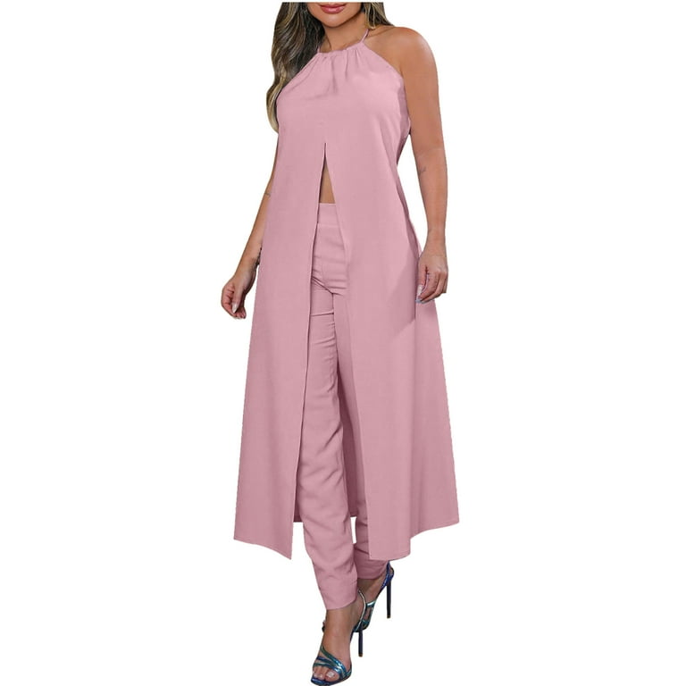 REORIAFEE 60s Outfits for Women Disco Outfit Women Casual Summer Sleeveless  Tops Long Pants Two Pieces Set Suit Pink M 