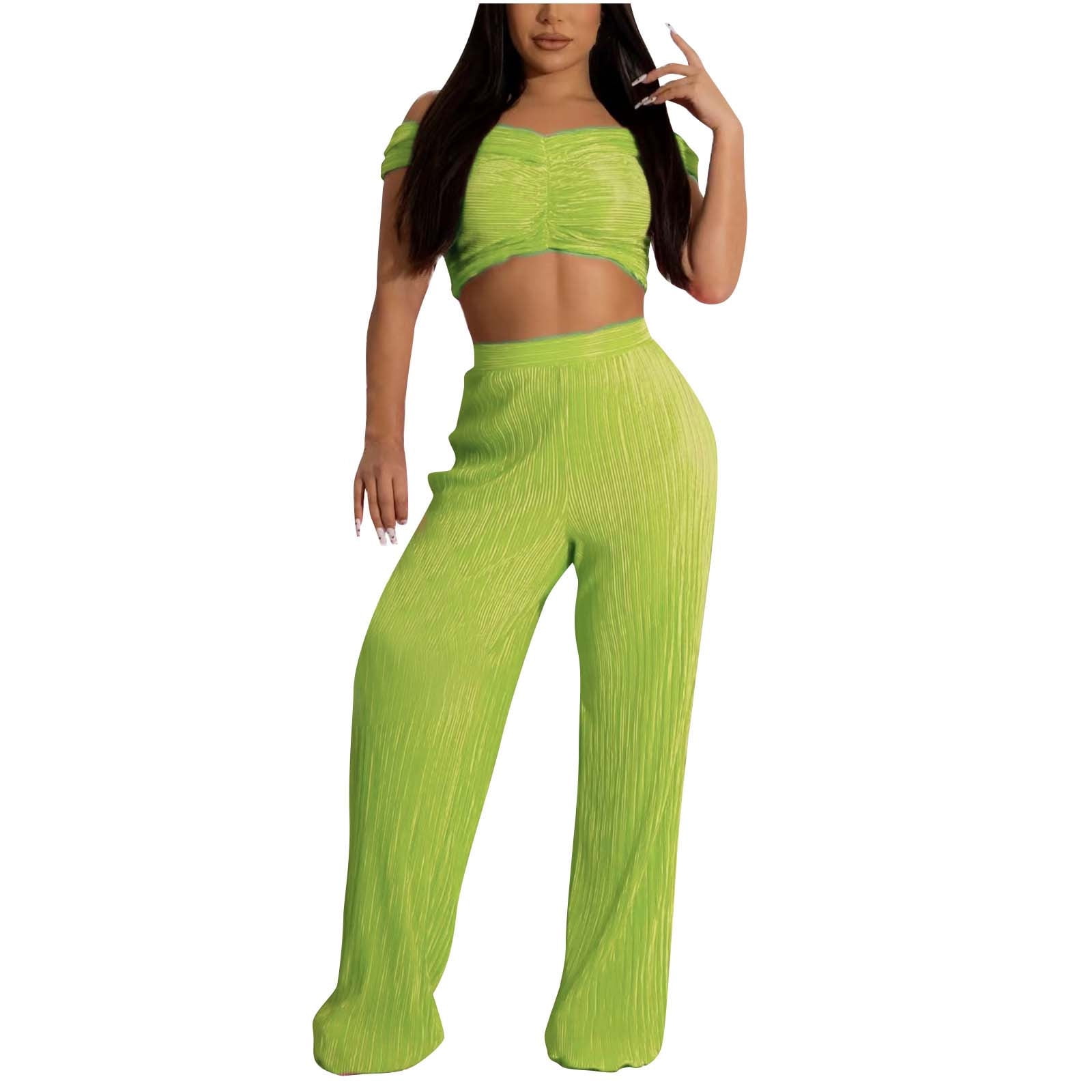 REORIAFEE 60s Outfits for Women Yoga Set Women's Fashion Casual Off  Shoulder Wrap Wide Leg Trouser Set Green S 
