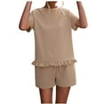 thumbnail image 1 of REORIAFEE 70s Disco Outfits for Women Cute Summer Outfits Women's Spring Summer Round Neck Ruffle Short Sleeve Shorts Casual Suit Khaki L, 1 of 5