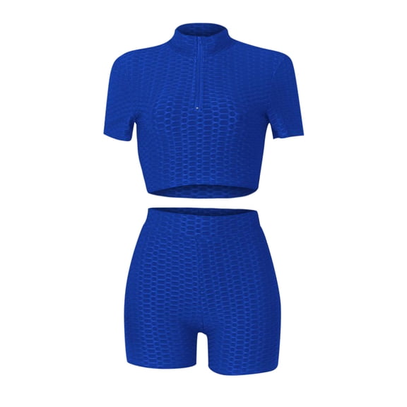 REORIAFEE 70s Outfits for Women Workout Sets Women's Sportswear 2 Piece Set Workout Short Sleeve Exercise Zipper Yoga Clothes Blue S