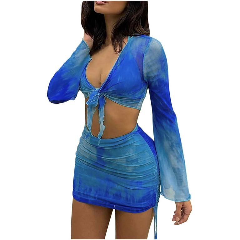 REORIAFEE 90s Outfit for Women Date Night Outfit Women's Fashion Sexy Spicy  Girl Wear V Neck Top Sweet Cool Short Skirt Suits Blue M 