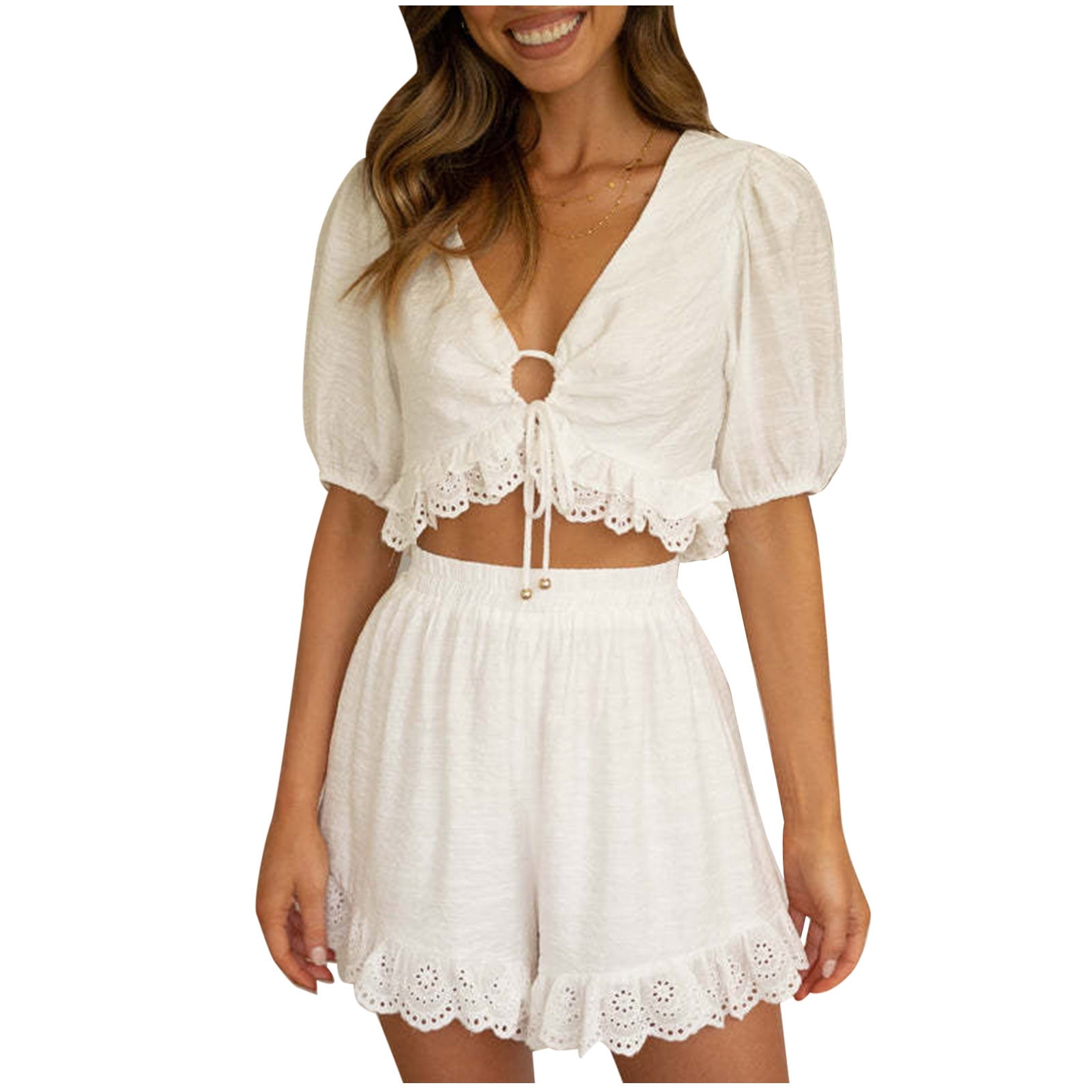 REORIAFEE Active Wear Outfits for Women Going out Outfits Women s Spring Summer Round Neck Ruffle Short Sleeve Shorts Casual Suit White M 84065f4c 380f 4b74 b19e 043425449497.683fbb210778f3d26fc8a54ea3c484ff