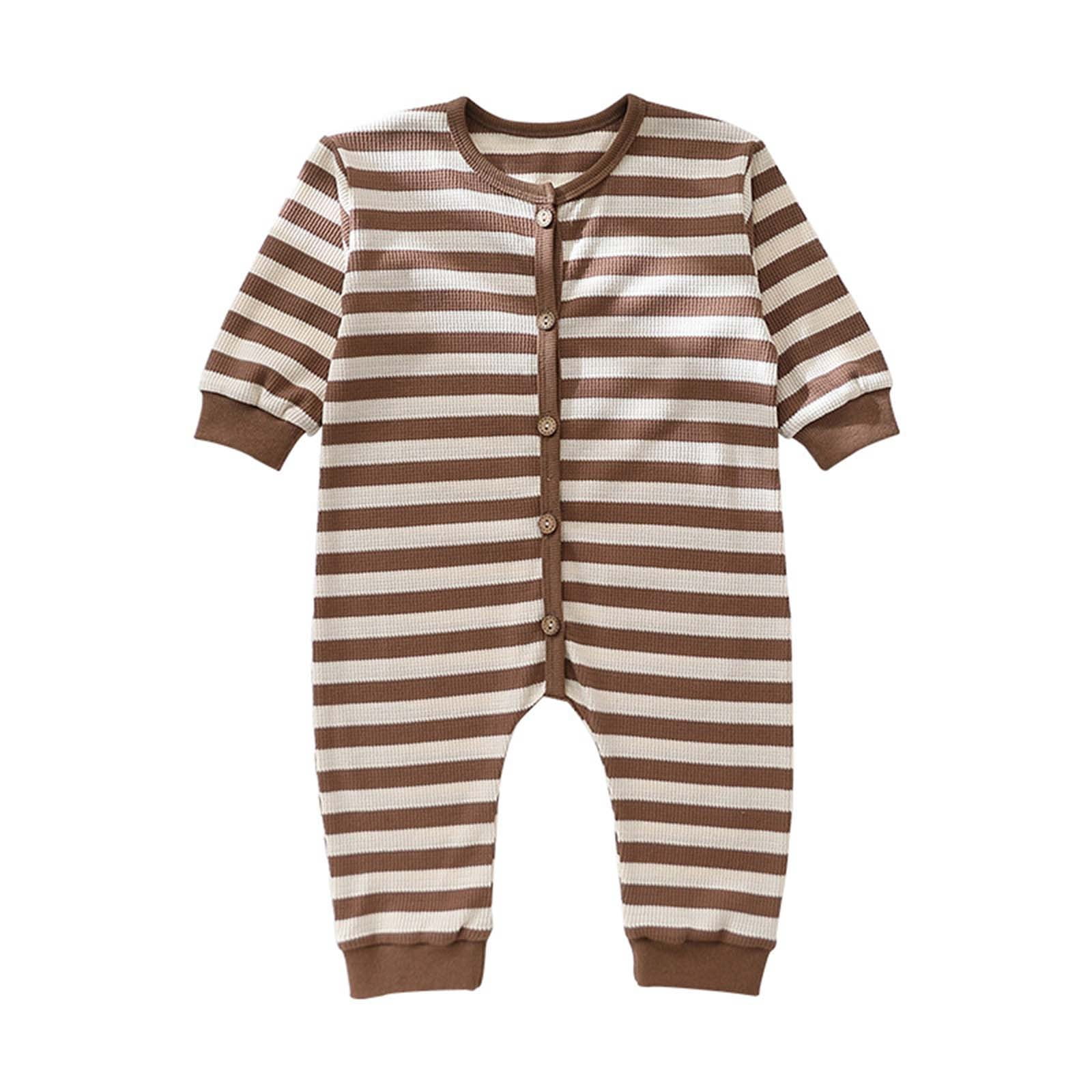 REORIAFEE Baby Boy White Romper Long Sleeve Onesies Round Neck Cotton Rompers Front Botton Jumpsuit Bodysuits Stripe Overall Size 73 Brown