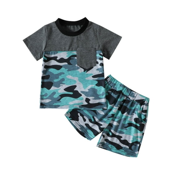 REORIAFEE Baby Girl Birthday Outfit Boho Summer Clothes Set Gym Set Toddler Kids Baby Boys Fashion Cute Short Sleeve Camouflage Print Casual Pocket Shorts Suit Gray 12-18 Months
