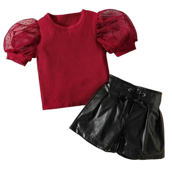 REORIAFEE Baby Girl Outfit Little Sister Summer Clothes Beach Outfit Toddler Kids Baby Girls Puff Sleeve Tops + Lace Up Shorts Outfits Set Red 2-3 Years