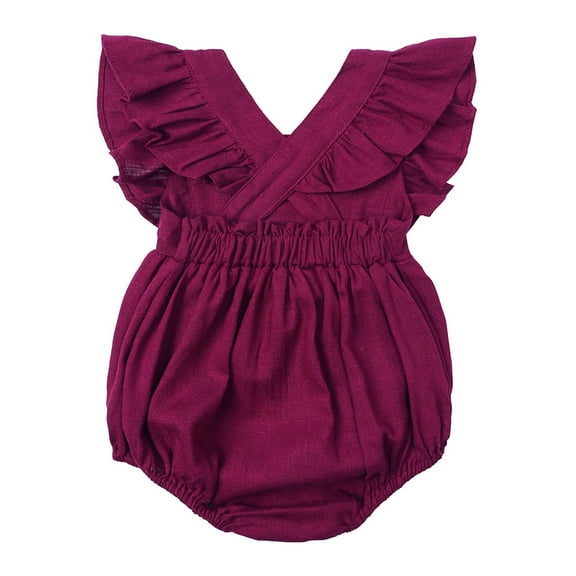 REORIAFEE Baby Romper Girl Flutty Sleeve Onesies V Neck Cotton Rompers Ruffle Trim Jumpsuit Bodysuits Solid Color Overall Size 6-9M Red