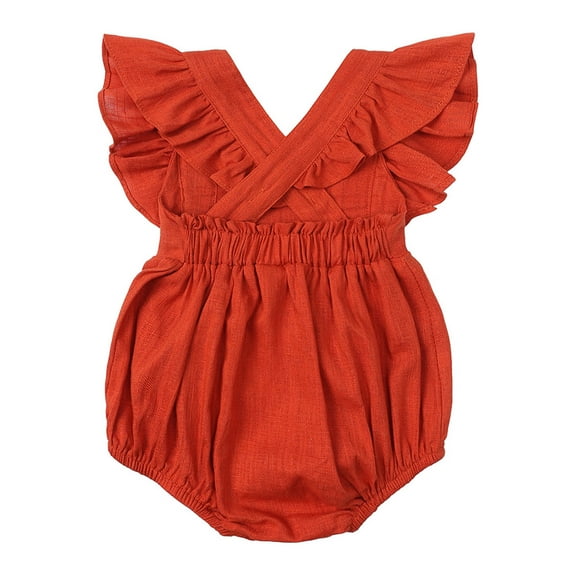 REORIAFEE Baby Romper Girl Flutty Sleeve Onesies V Neck Cotton Rompers Ruffle Trim Jumpsuit Bodysuits Solid Color Overall Size 9-12M Orange