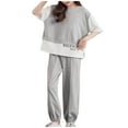 thumbnail image 1 of REORIAFEE Big Girls Summer Outfits Half Sleeve Top and Sporty Pants Patchwork Suits Outfit Solid Color Set Round Neck Cute Summer Spring Clothing 2024 Fashion Trendy Size 130 Gray, 1 of 9