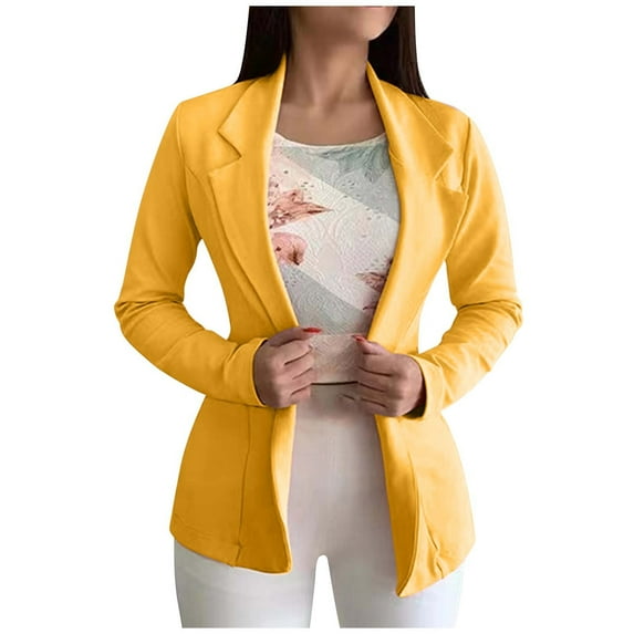 REORIAFEE Blazer Jackets for Women Fashion Dressy Open Front Cardigan Jacket Casual Work Office Suit Jacket Lapel Fit Medium Long Button Blazer Yellow M