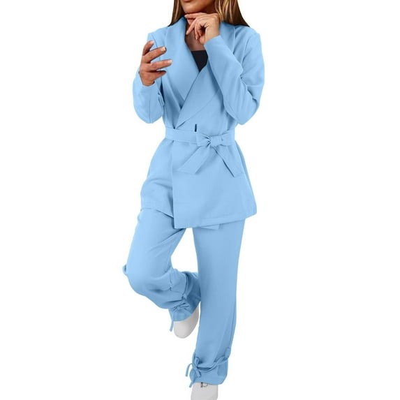 REORIAFEE Blazer Set for Women Workout Set Women's Long Sleeve Suit Pants Casual Elegant Business Suit Blue L
