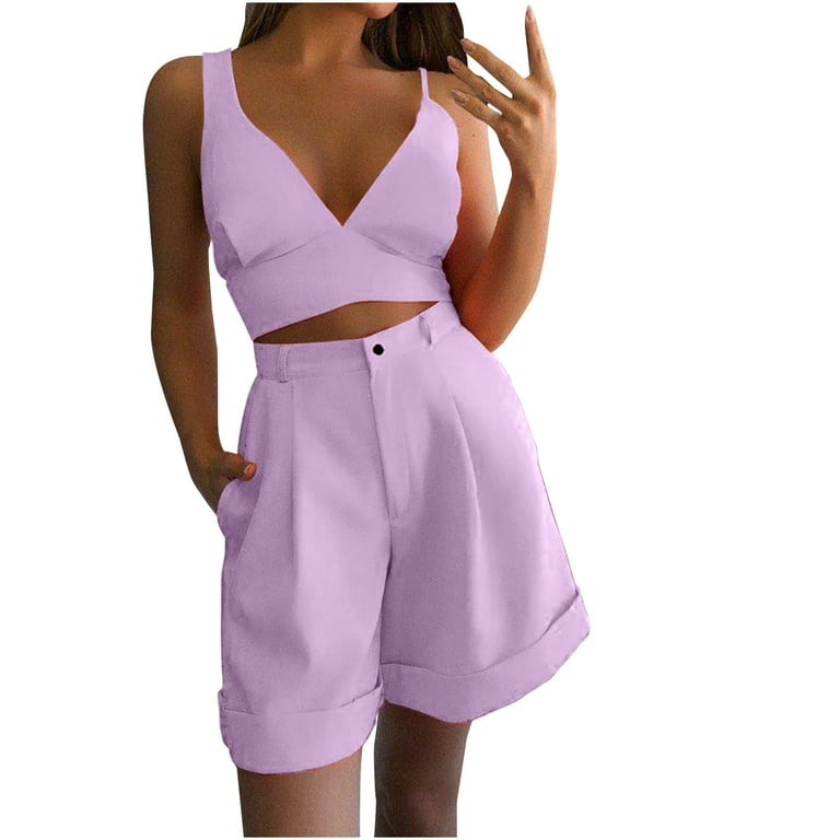 REORIAFEE Boho Outfits for Women Country Concert Outfit Women's Summer Suit  Tops Shorts Fashion Casual Two Piece Sets Purple XL 