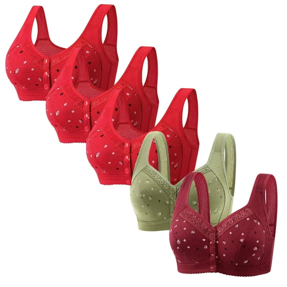 REORIAFEE Bras for Women Front Closure Wireless 5PC Full Coverage Bra Support Gather Breathable Underwear Wide Shoulder Straps Comfort Soft Lingerie Red XXL