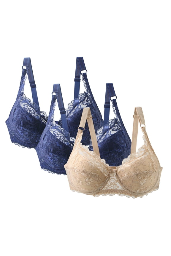 Bras for Women Plus Size 3 Pack Pull on Adjustable Straps Push up Bra Comfortable Lace Padded Bras S-5XL