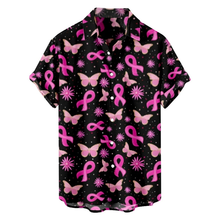 REORIAFEE Breast Cancer Awareness Shirts for Men Pink Ribbon T-Shirt Cancer  Support Ribbon T-Shirt Gifts for Cancer Survivor Ribbon Shirt Plus Size  Short Sleeve Lapel Button down Shirt Black6 XXXL 