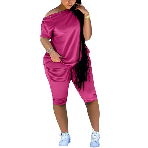 REORIAFEE Casual Outfits for Women Comfy Vacation Tacksuit Festival Outfit Women's Summer Fashion Casual Sexy Fashion Casual Breasted One Shoulder Loose Short Sleeve Shorts Suit Hot Pink L
