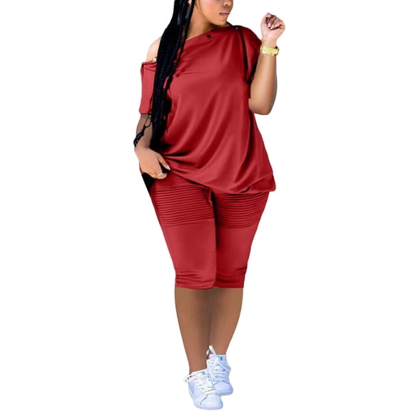 REORIAFEE Casual Set for Women Y2K 2023 Summer Outfits Suit 70s Outfits Women's Summer Fashion Casual Sexy Fashion Casual Breasted One Shoulder Loose Short Sleeve Shorts Suit Red XXL