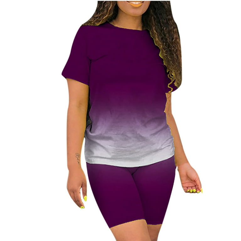 REORIAFEE Casual Suit Matching Set Festival Outfits Two Piece Women Fashion  Tees O Neck Top + Shorts Short Sleeve Set T Shirt Purple M 