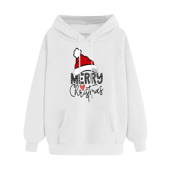 REORIAFEE Christmas Hooded Sweatshirt Women with Pockets Xmas Santa Hat Graphic Drop Sleeve Hoodies Fleece Casual Sweatshirts Long Sleeve Loose Pullover Trendy Soft Tops White M