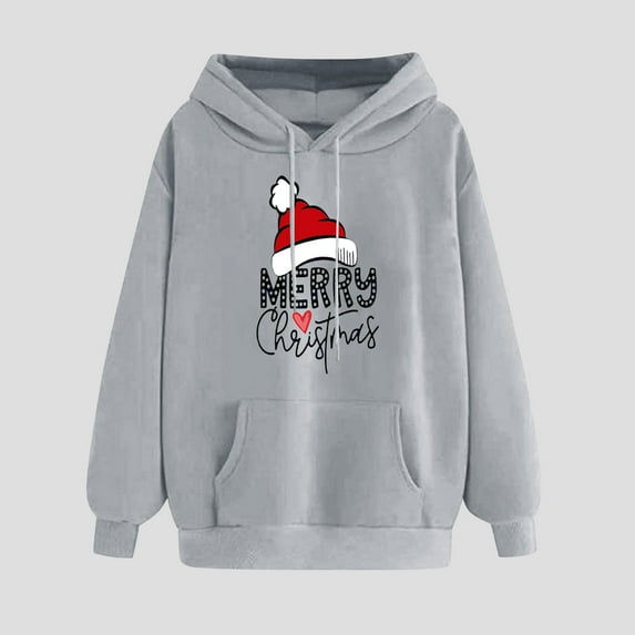 REORIAFEE Christmas Hooded Sweatshirts for Women with Pockets Xmas Santa Hat Graphic Drop Sleeve Hoodies Fleece Casual Sweatshirts Long Sleeve Loose Pullover Trendy Soft Tops Gray L