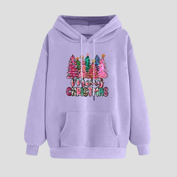 REORIAFEE Christmas Hoodie Sweatshirt Women with Pockets Shimmer Xmas Tree Prints Drop Sleeve Hoodies Fleece Casual Sweatshirts Long Sleeve Loose Pullover Trendy Soft Tops Purple XL