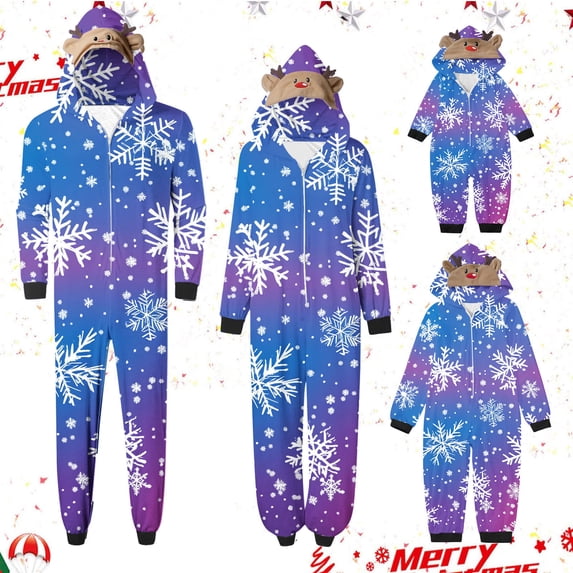 REORIAFEE Christmas Pajamas for Family 1 Piece Loungewear Long Sleeve Jumpsuit Pants Snowflake Soft Sleepwear Light Blue S-2XL