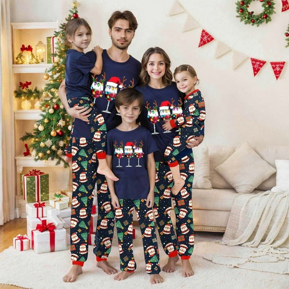 REORIAFEE Christmas Pajamas for Family 2 Piece Loungewear Long Sleeve Top and Pant Santa Graphic Soft Sleepwear Blue S-2XL