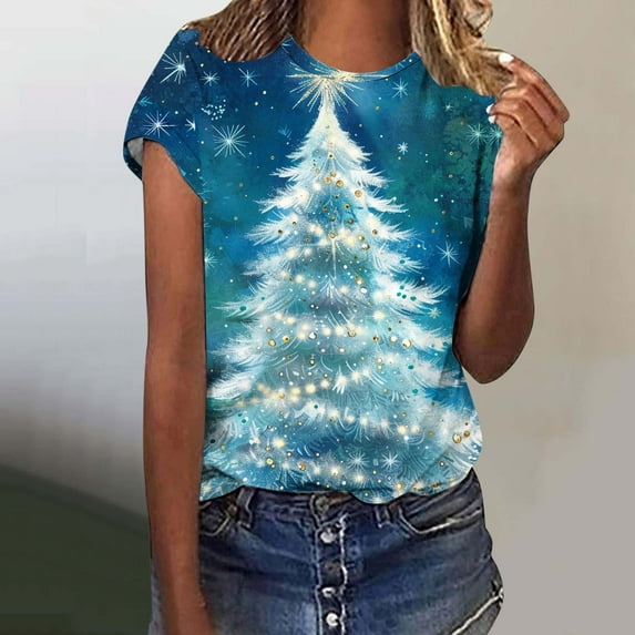 REORIAFEE Christmas Shirts for Women Plus Size Sparkle Xmas Tree Prints Short Sleeve T Shirt Round Neck Holiday Tees Casual Soft Tops Multicolor XXXXL
