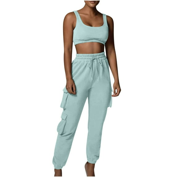 REORIAFEE Country Outfits for Women Beach Outfits Women Casual Summer Round Neck Sleeveless Tops Long Pants Suit Light Blue S