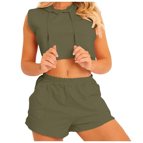 REORIAFEE Country Outfits for Women Gym Set Women Casual Round Neck Hooded Vest Pocket Shorts Casual Two Piece Suit Army Green M