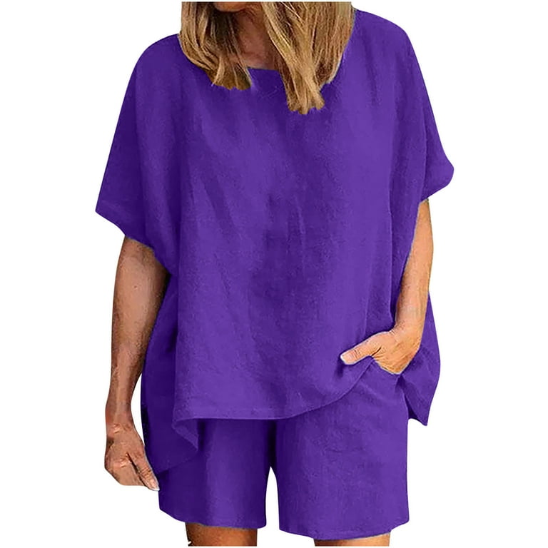 REORIAFEE Cute Outfits for Women Summer Date Night Outfit Women Casual  Summer Round Neck Short Sleeve Tops Shorts Two Pieces Set Suit Purple XL 