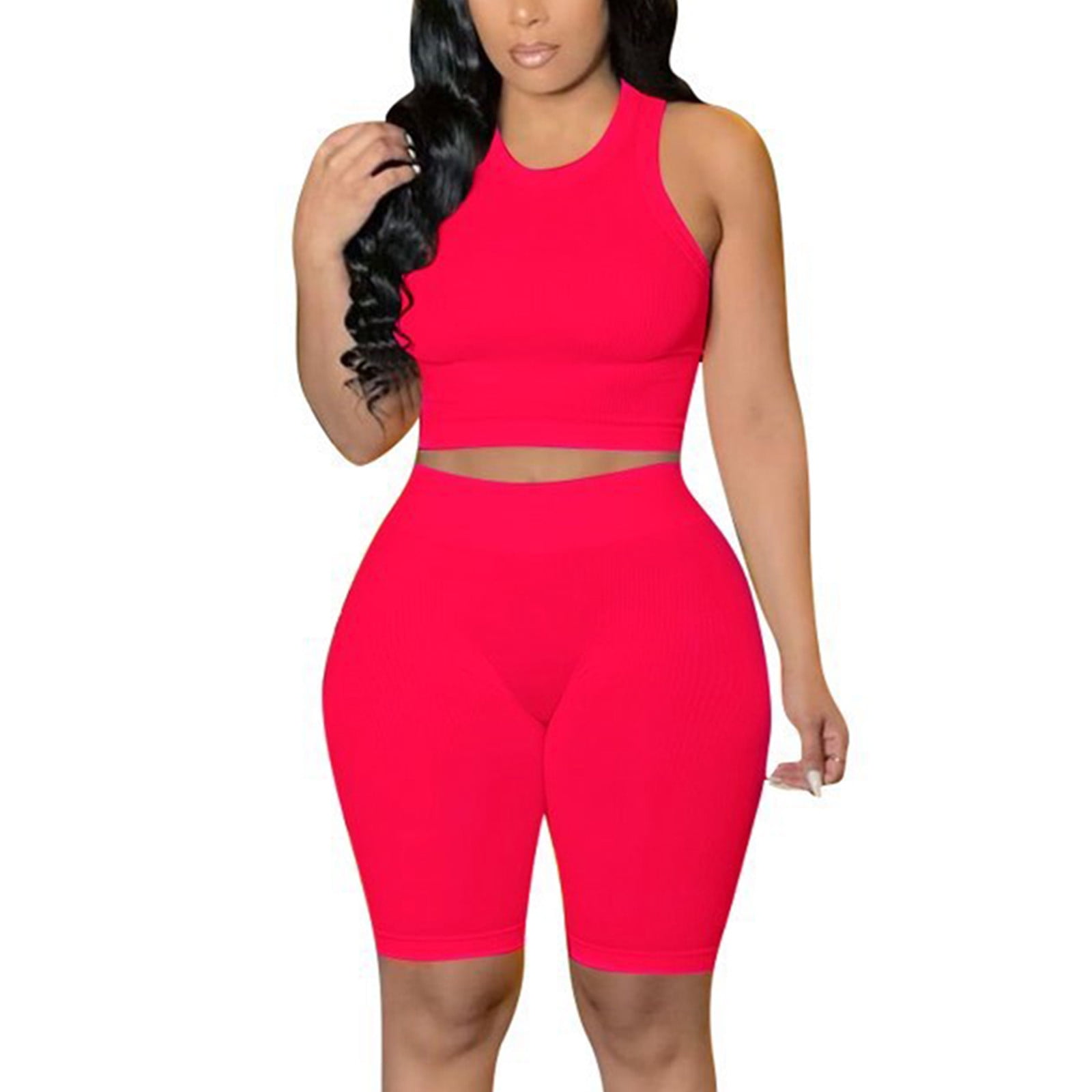 REORIAFEE Cute Outfits for Women Summer Disco Outfits Women Two Piece  Outfits Summer Sleeveless Round Neck Tops Shorts Pants Suit Red M