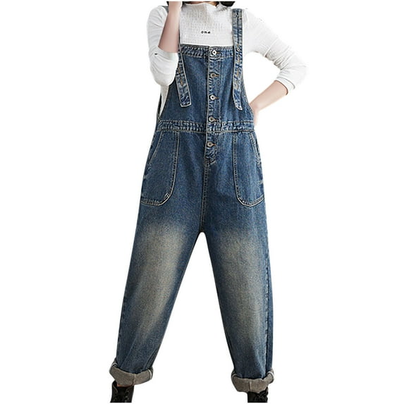 REORIAFEE Denim Jumpsuit for Women Sexy Square Collar Sleeveless Jumpsuit Solid Color Sling Jumpsuits for Women Sexy Pocket Button Loose Denim Jumpsuit Strap Pants Bodysuits Sexy Casual Blue XL