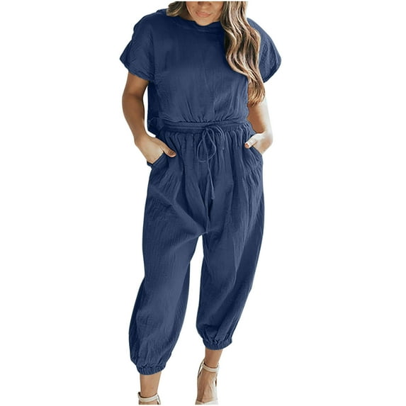 REORIAFEE Disco Outfit Women Gym Outfits Women's Two Piece Cotton Linen Short Sleeve Round Neck Tops Pants Set Navy M