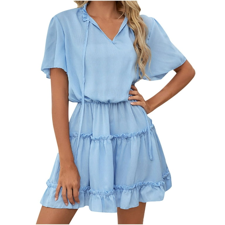 REORIAFEE Dresses for Women 2023 Casual Fashion Casual Comfortable Solid  Color Short Sleeve V Neck Ruffle Dress Summer Beach Dress 2023 Blue L 