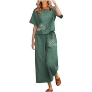 REORIAFEE Dressy Casual Outfits for Women 90s Themed Party Outfits Ladies Summer Fashion Casual Loose Round Neck Short Sleeve Print Wide Leg Linen Suit Army Green L