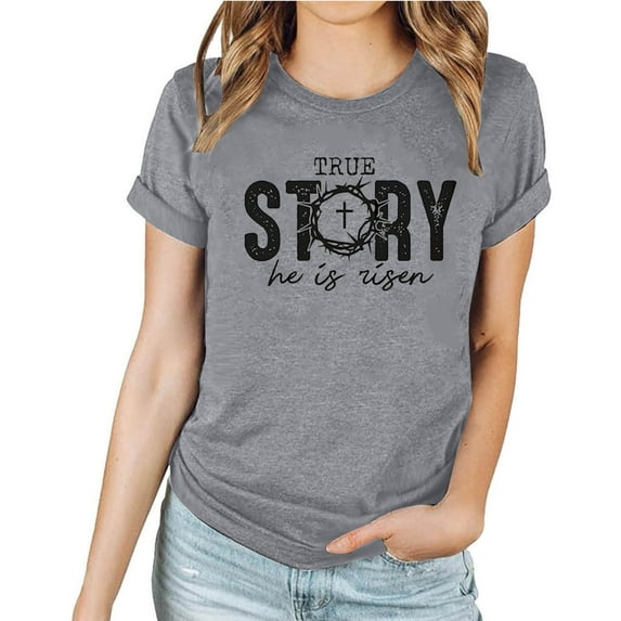 REORIAFEE Easter Shirts for Women 2025 Alphabet Graphic Short Sleeve Shirts Crew Neck Funny Fashion Tees Casual Comfy Tops Gray M