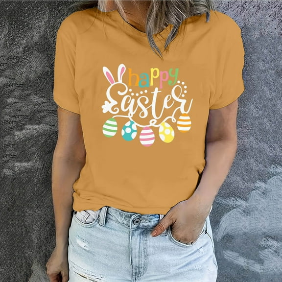 REORIAFEE Easter Tees for Women Graphic Short Sleeve Shirts Crew Neck Funny Fashion Tees Casual Comfy Tops Yellow XL