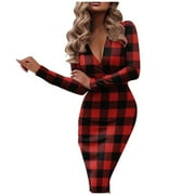 REORIAFEE Fall Dresses for Women 2022 Plus Size Boho Dress Midi Long Dress Deep V Fitted Office Work Pencil Dress Plaid Print Evening Party Club Wear Red S