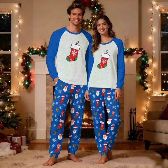 REORIAFEE Family Matching Christmas Pajamas 2 Piece Loungewear Long Sleeve Top and Pant Santa Graphic Soft Sleepwear Blue S-2XL