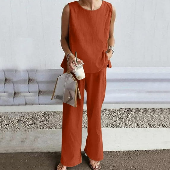 REORIAFEE Festival Outfits for Women Plus Size Spring Outfits Summer Suit Solid Color Vest Trousers Two Piece Suit Orange XXL