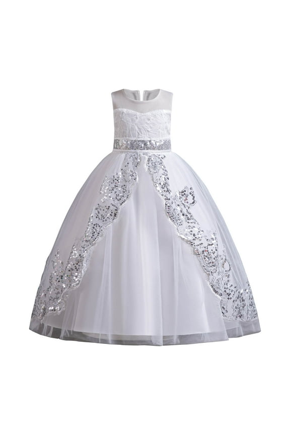 First Communion Dress for Girls Lace Tulle Dress Puffy Sundress Sequin Embroidered Layered Dress Rear Zipper Dress Flower Solid Color Dress Crewneck Sleeveless Dress Size 5-6Y White